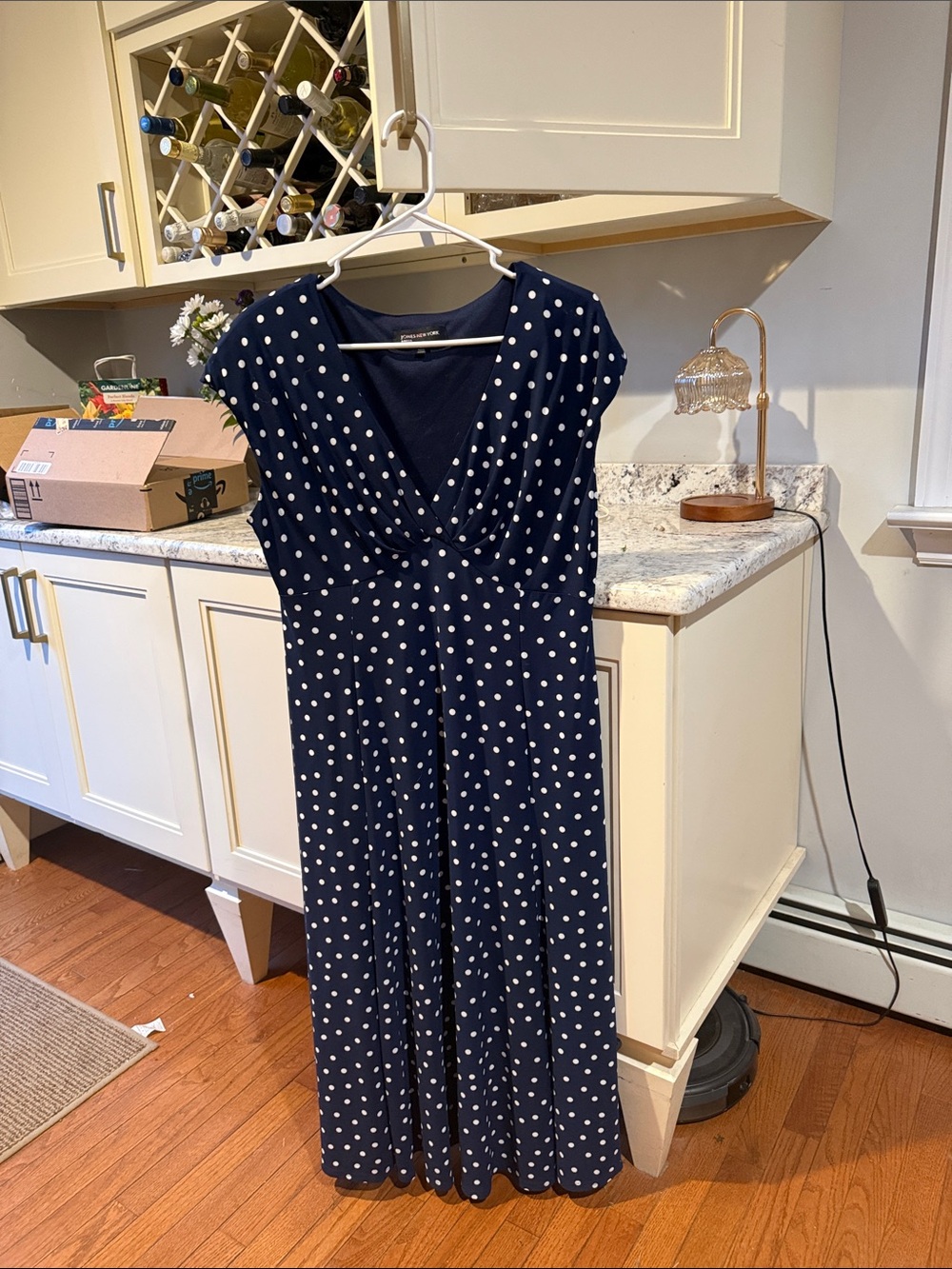 Jones New York Navy and White Polka Dot Midi Dress